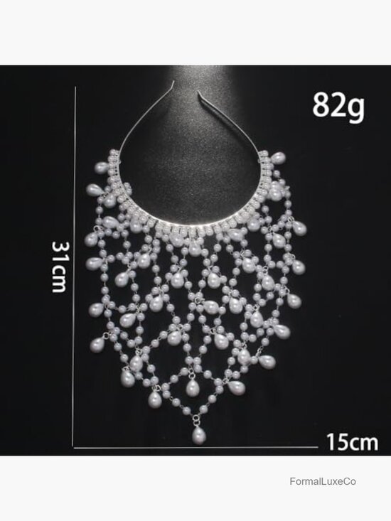 Vintage Pearl Cascade Bridal Hair Chain Bohemian Mesh Headband Teardrop main image 6